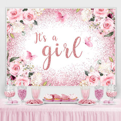 Lofaris Its A Girl Pink Floral Glitter Baby Shower Backdrop