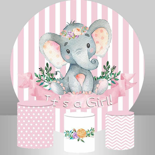 Lofaris Its A Girl Pink Round Elephant Baby Shower Backdrop