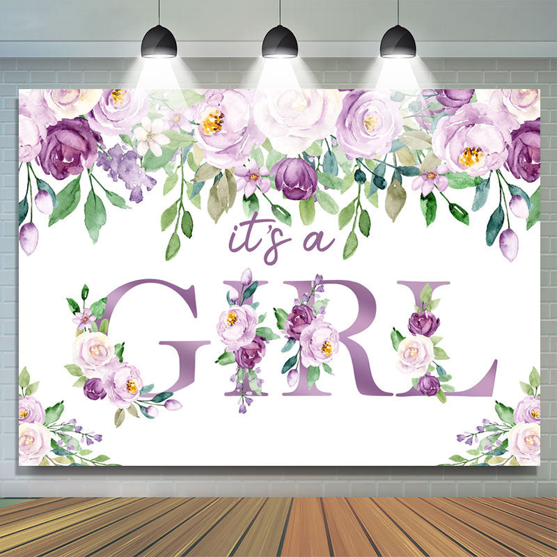 Lofaris Its A Girl Purple Floral Baby Shower Backdrop for Party