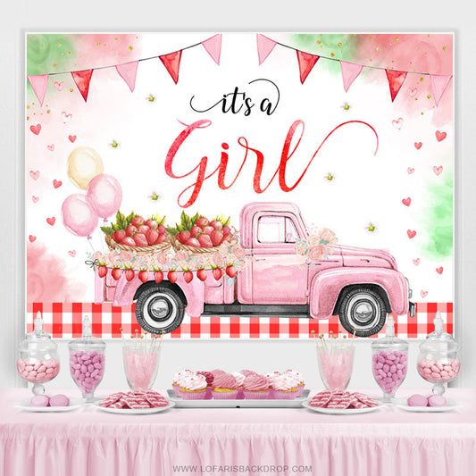 Lofaris Its A Girl Strawberry Pink Truck Baby Shower Backdrop