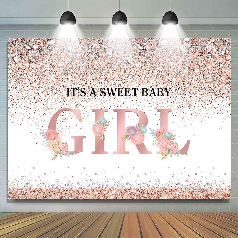 Lofaris Its A Sweet Baby Girl Pink Floral Glitter Backdrop for Shower