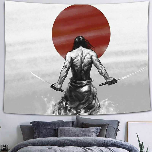 Lofaris Japanese Samurai 3D Printed Black And White Wall Tapestry
