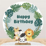 Load image into Gallery viewer, Lofaris Jungle Animals Leaves Circle Happy Birthday Backdrop