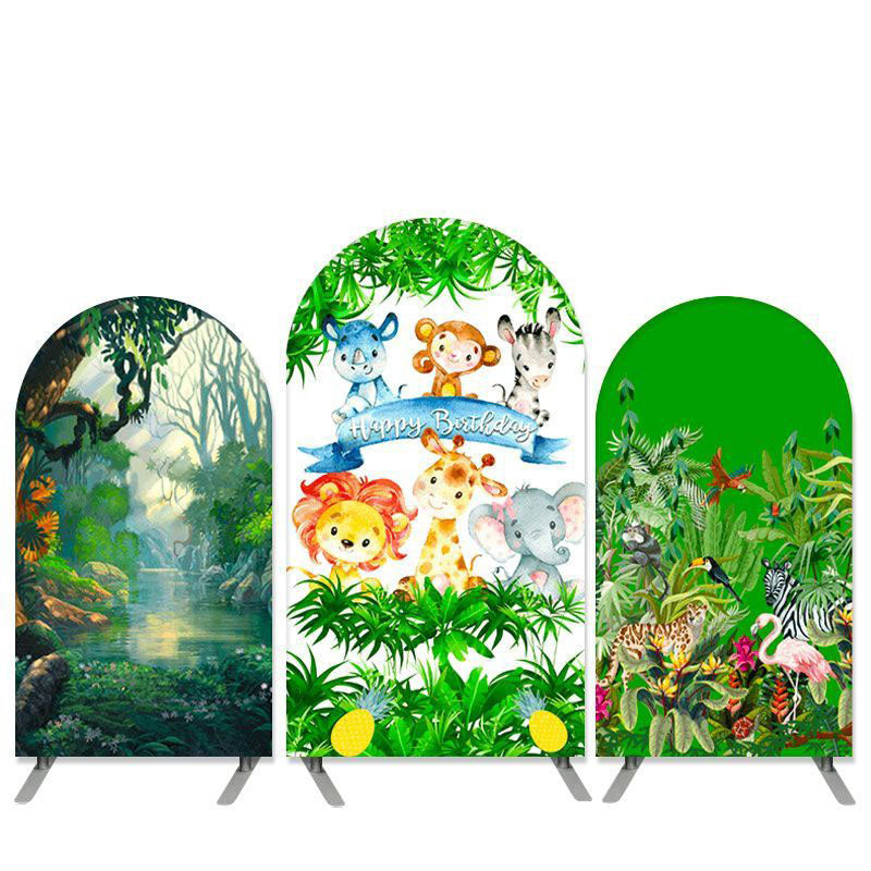 Lofaris Jungle Animals Theme Green Leaves Birthday Arch Backdrop Kit
