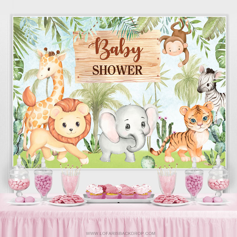 Lofaris Jungle Cute Animals And Green Trees Baby Shower Backdrop