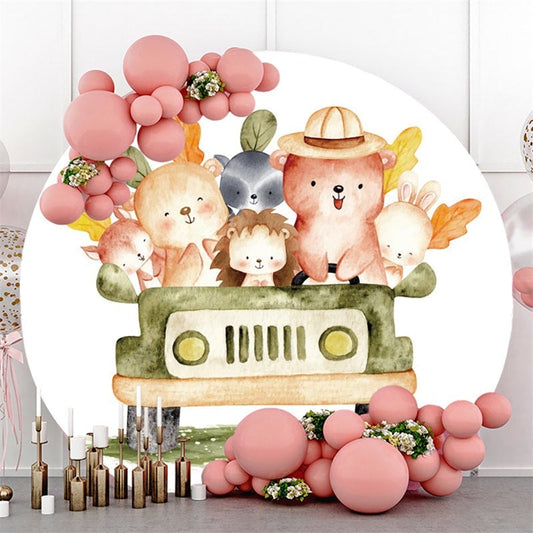Lofaris Jungle Happy Abimals And Car Round Baby Shower Backdrop