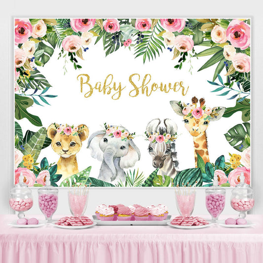 Lofaris Jungle Pink Rose and Baby Animals Shower Backdrop