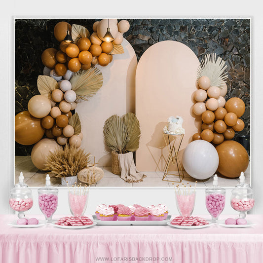 Lofaris Khaki Balloons Feather Stone Wall Birthday Backdrop