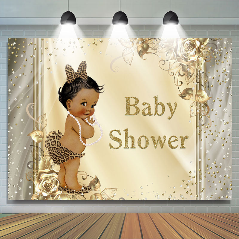 Lofaris Leopard Gold Floral Glitter Baby Shower Backdrop for Girl