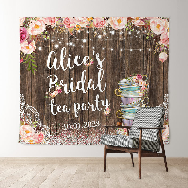 Lofaris Let's Partea Pink Floral Rustic Bridal Shower Backdrop