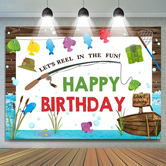 Lofaris Lets Reel In The Fun Fish Theme Happy Birthday Backdrop
