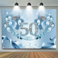 Lofaris Light Blue Balloon Ribbion Happy 50Th Birthday Backdrop
