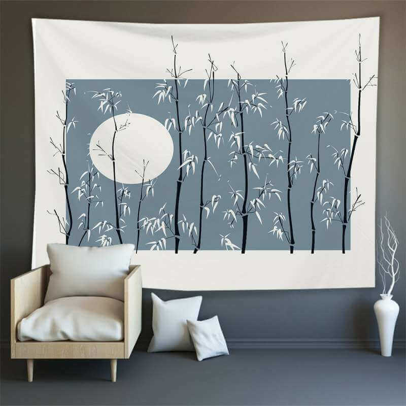 Lofaris Light Blue Bamboo Moon Still Life Landscape Wall Tapestry