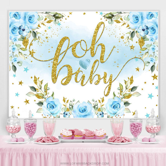Lofaris Light Blue Flowers And Glitter Baby Shower Backdrop