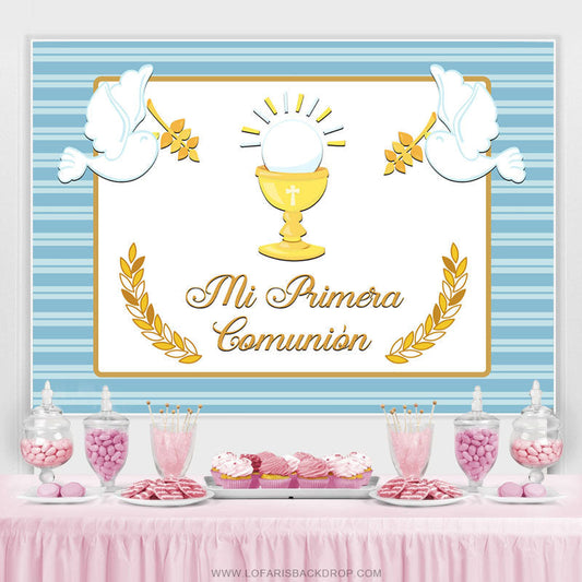 Lofaris Light Blue Stripes Gold Mi Primera Baby Shower Backdrop