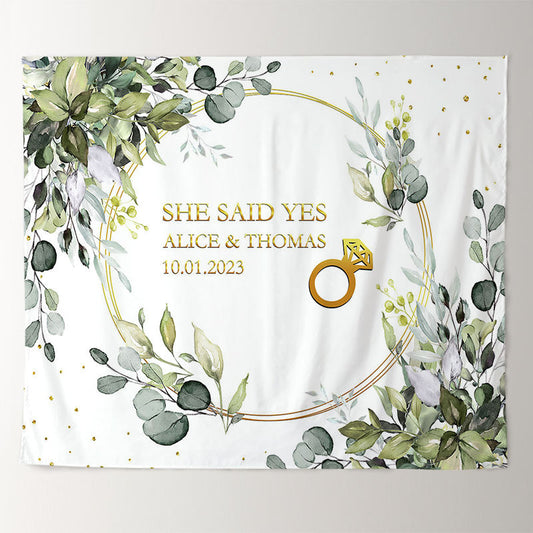Lofaris Light Green Leaves Gold She Said Yes Wedding Backdrop