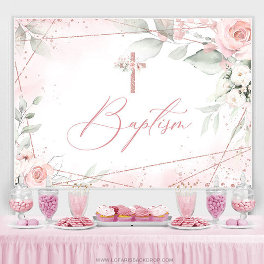 Lofaris Light Pink Baptism Cross Themed Birthday Backdrop
