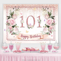 Lofaris Light Pink Floral Glitter Happy 101 Birthday Backdrop