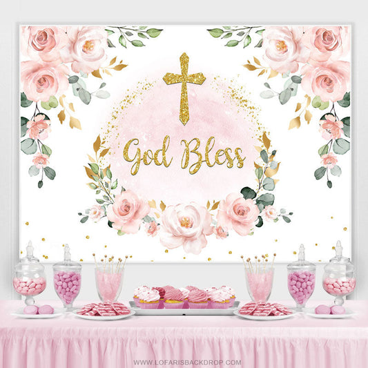 Lofaris Light Pink Floral Gold Glitter Baby Shower Backdrop