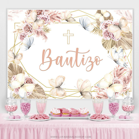Lofaris Light Pink Floral Khaki Bautizo Baby Shower Backdrop