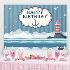 Lofaris Lighthouse Seagull Cloudy Navigation Happy Birthday Backdrop