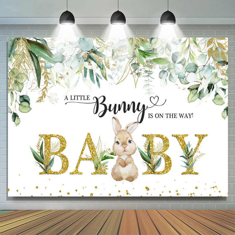 Lofaris Little Bunny And Green Leaves Gold Baby Shower Backdrop