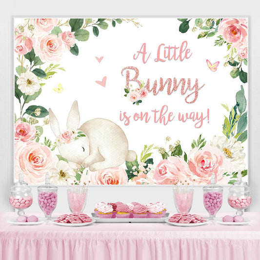 Lofaris Little Bunny Is On The Way Floral Baby Shower Backdrop
