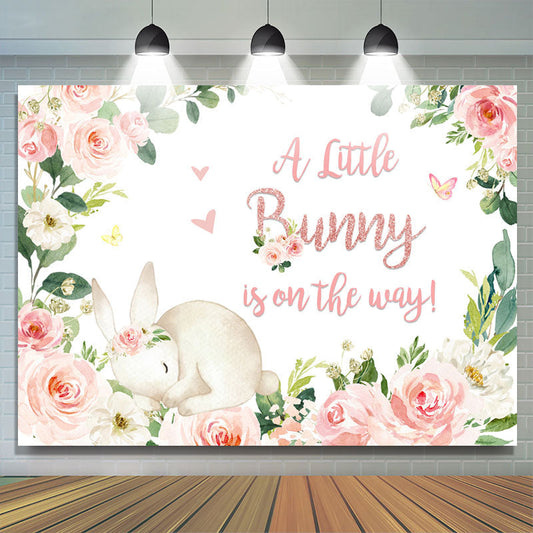 Lofaris Little Bunny Is On The Way Floral Baby Shower Backdrop