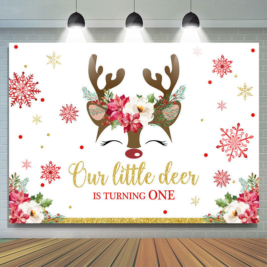 Lofaris Little Deer Is Turning One Snowflake Birthday Backdrop