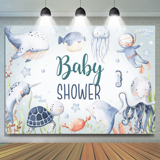 Lofaris Little Diver And Undersea Fishes Baby Shower Backdrop