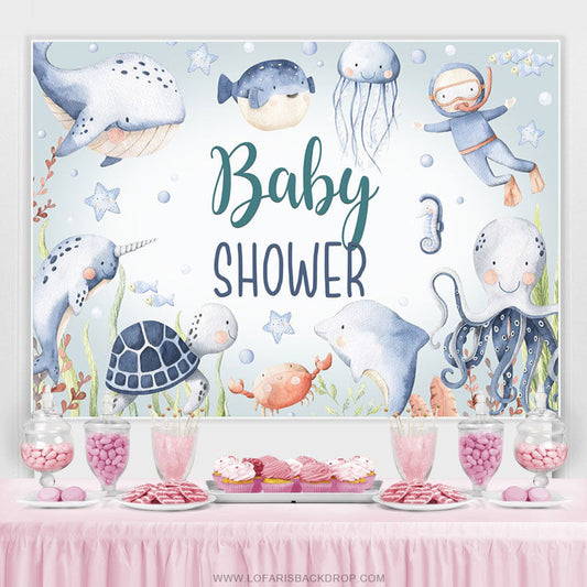 Lofaris Little Diver And Undersea Fishes Baby Shower Backdrop