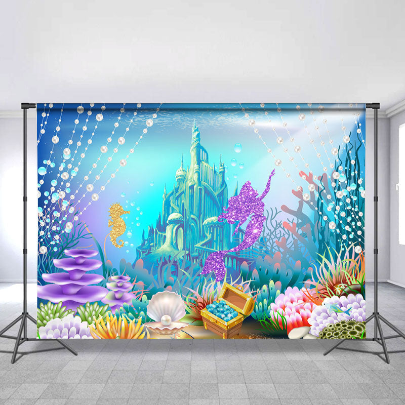 Lofaris Little Mermaid Glitter Underwater Castle World Backdrop