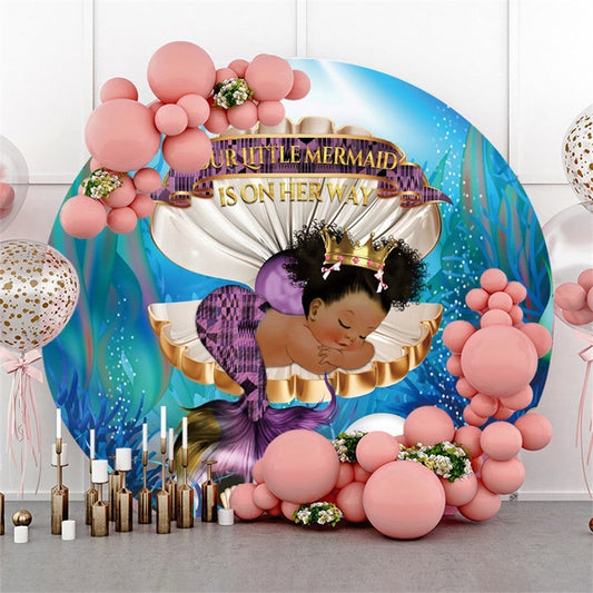 Lofaris Little Mermaid Is On Her Way Round Baby Shower Backdrop