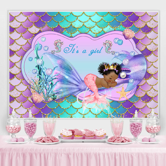 Lofaris Little Mermaid Purple Glitter Girl Baby Shower Backdrop
