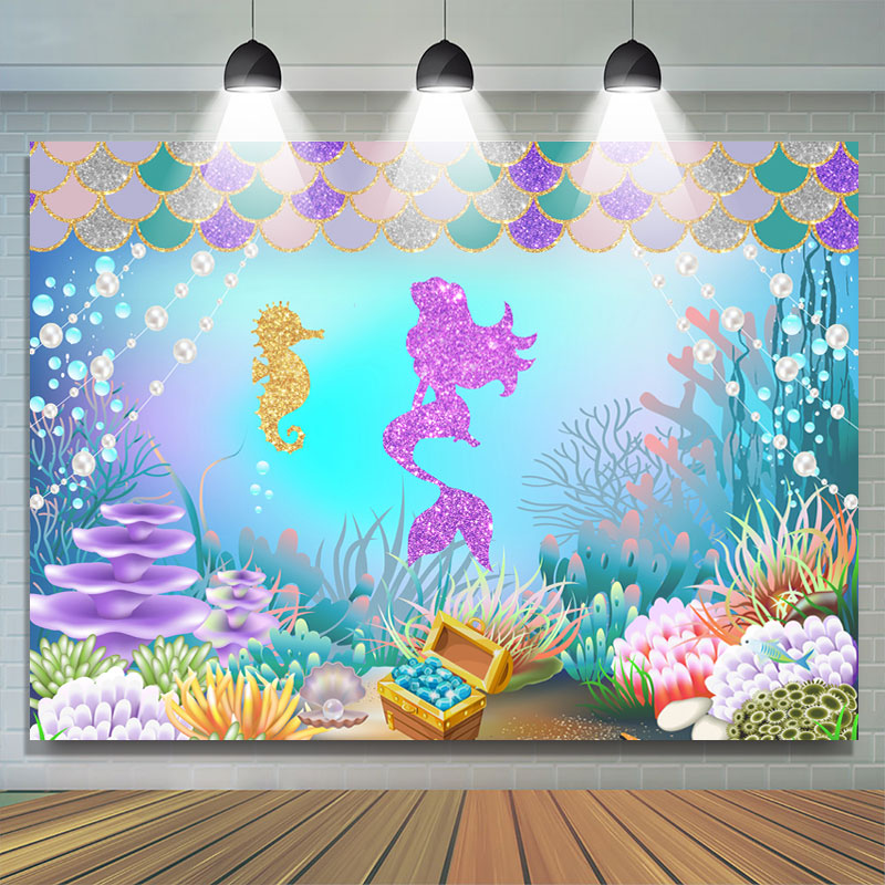 Lofaris Little Mermaid Purple Glitter Undersea World Backdrop