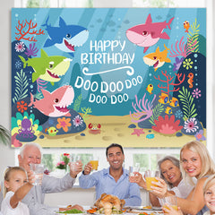 Lofaris Little Shark Blue Ocean Family Backdrop for Birthday Party