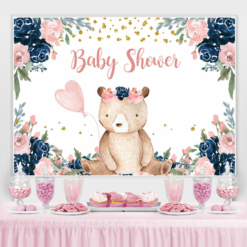 Lofaris Little Teddy Bear with Florals Baby Shower Backdrop
