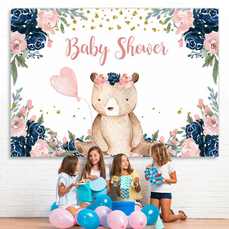 Lofaris Little Teddy Bear with Florals Baby Shower Backdrop