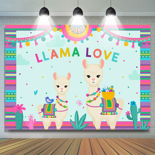 Lofaris Llama Love And Green Cactus Colorful Birthday Backdrop