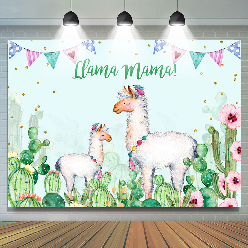 Lofaris Llama Mama Green Cactus Gold Dots Theme Party Backdrop