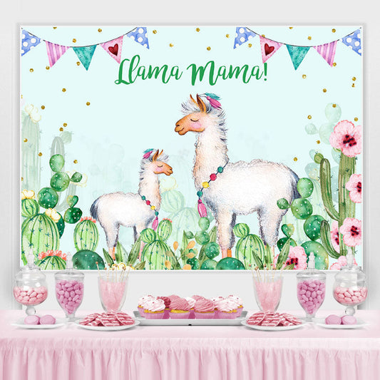 Lofaris Llama Mama Green Cactus Gold Dots Theme Party Backdrop