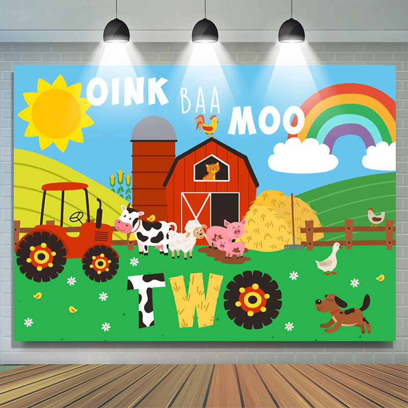 Lofaris Lovely Cartoon Farm Oink Baa Moon Two Birthday Backdrop