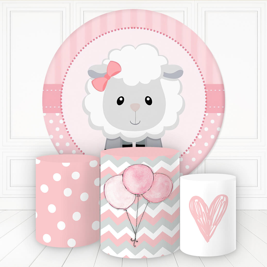 Lofaris Lovely Lamb Balloon Heart Round Backdrop Kit For Girl