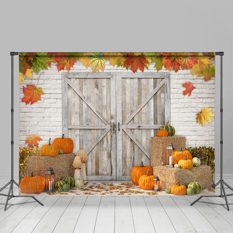 Maple Pumpkin Brick Wall Wooden Door Autumn Backdrop
