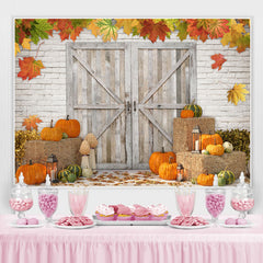 Lofaris Maple Pumpkin Brick Wall Wooden Door Autumn Backdrop