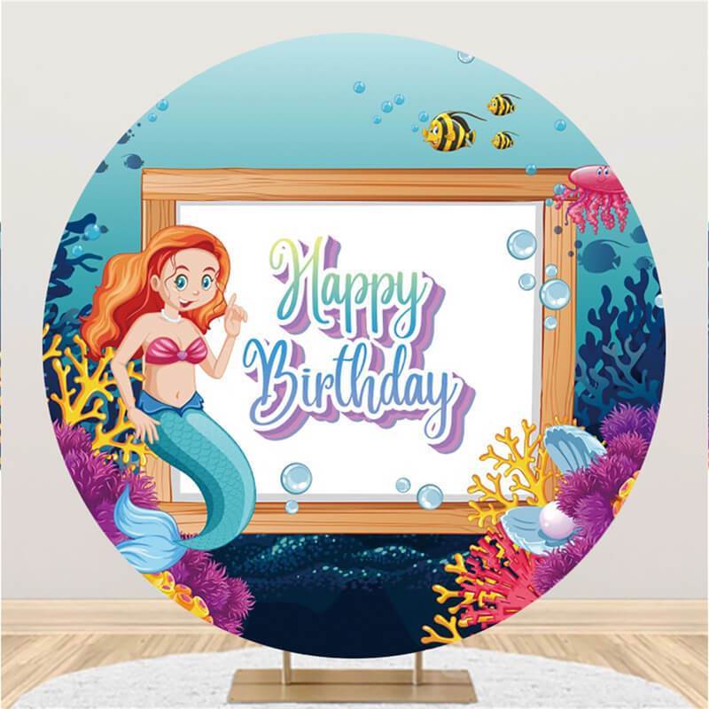 Lofaris Mermaid Coral Island Circle Happy Birthday Backdrop