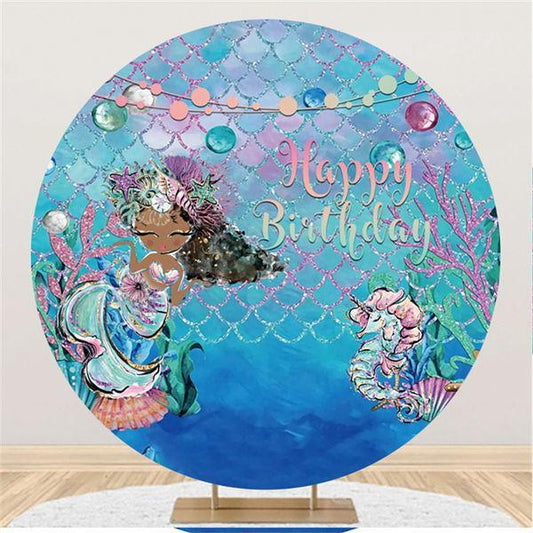 Lofaris Mermaid Coral Round Happy Birthday Backdrop For Girl