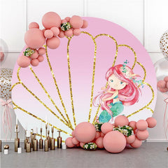 Lofaris Mermaid Glitter Shell Pink Golden Themed Round Backdrop