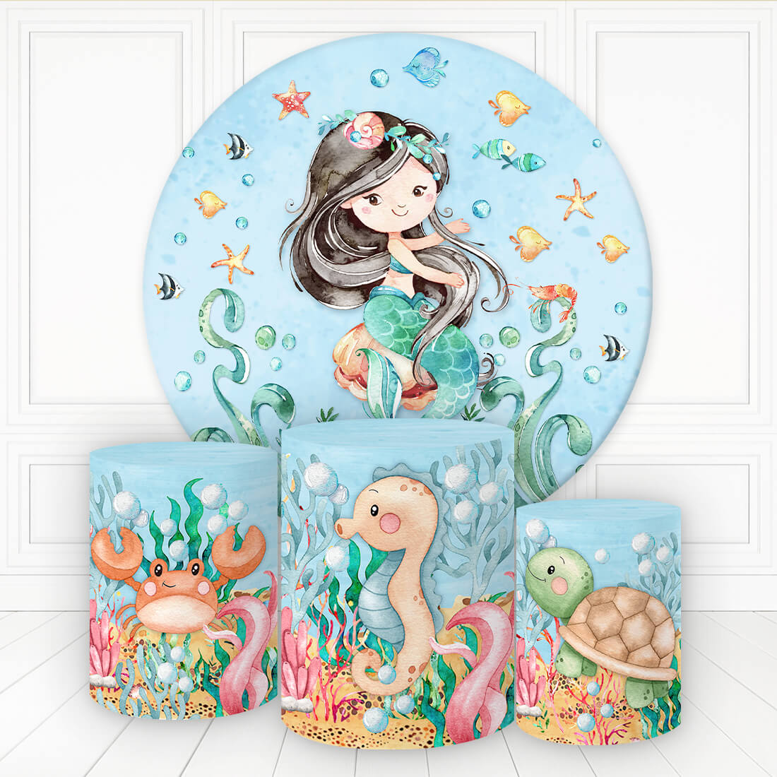 Lofaris Mermaid Sea Animals Plants Round Birthday Backdrop Kit