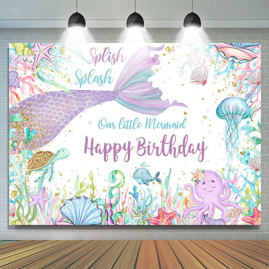 Lofaris Mermaid Under Sea World Glitter Happy Birthday Backdrop
